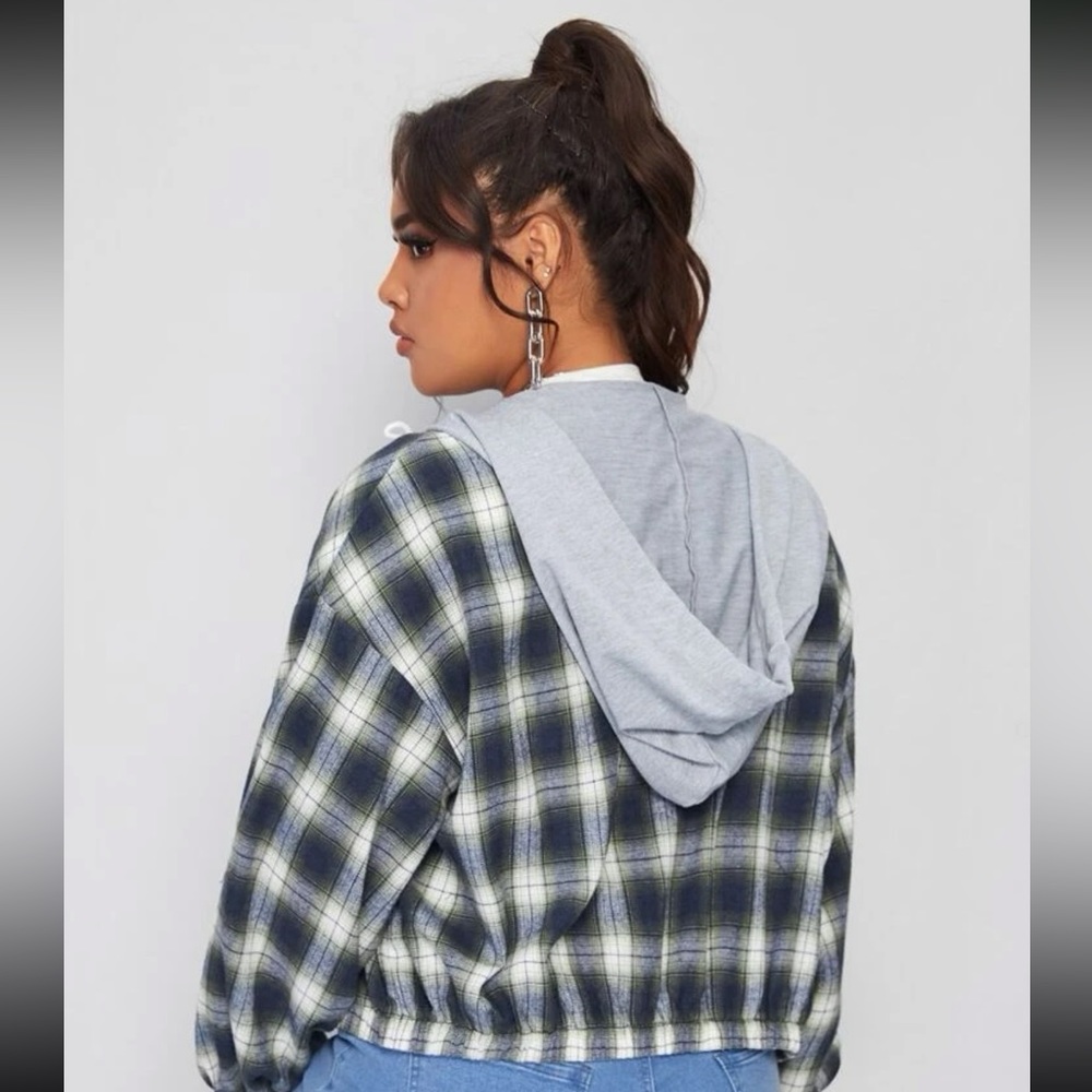 Plaid Drawstring Hooded Jacket - Picture 5 of 5